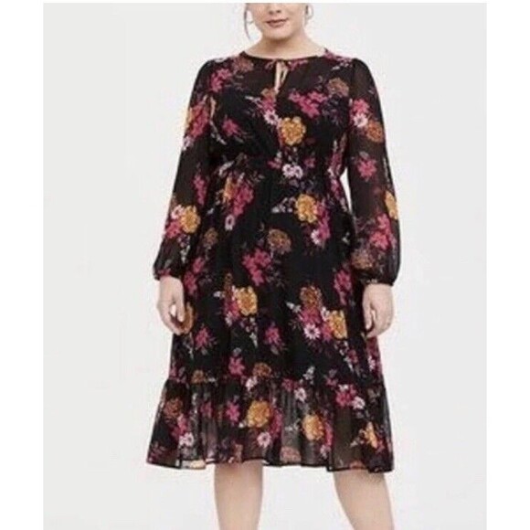 Torrid Dress  2X Black Red Long Sleeve Midi Chiffon Floral Boho Flowy - Picture 3 of 16